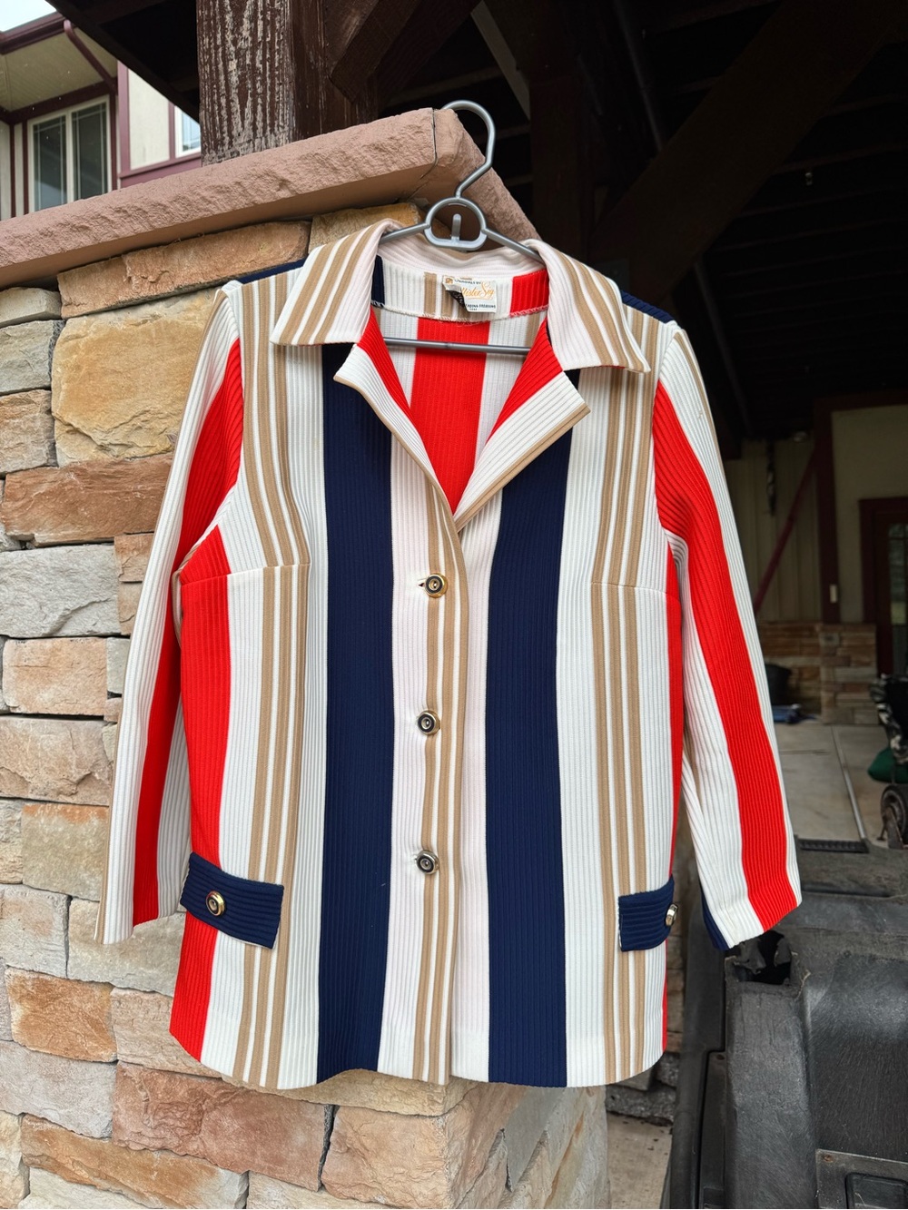 Striped Button-Front Women’s Blazer Jacket - Red, Navy & Tan